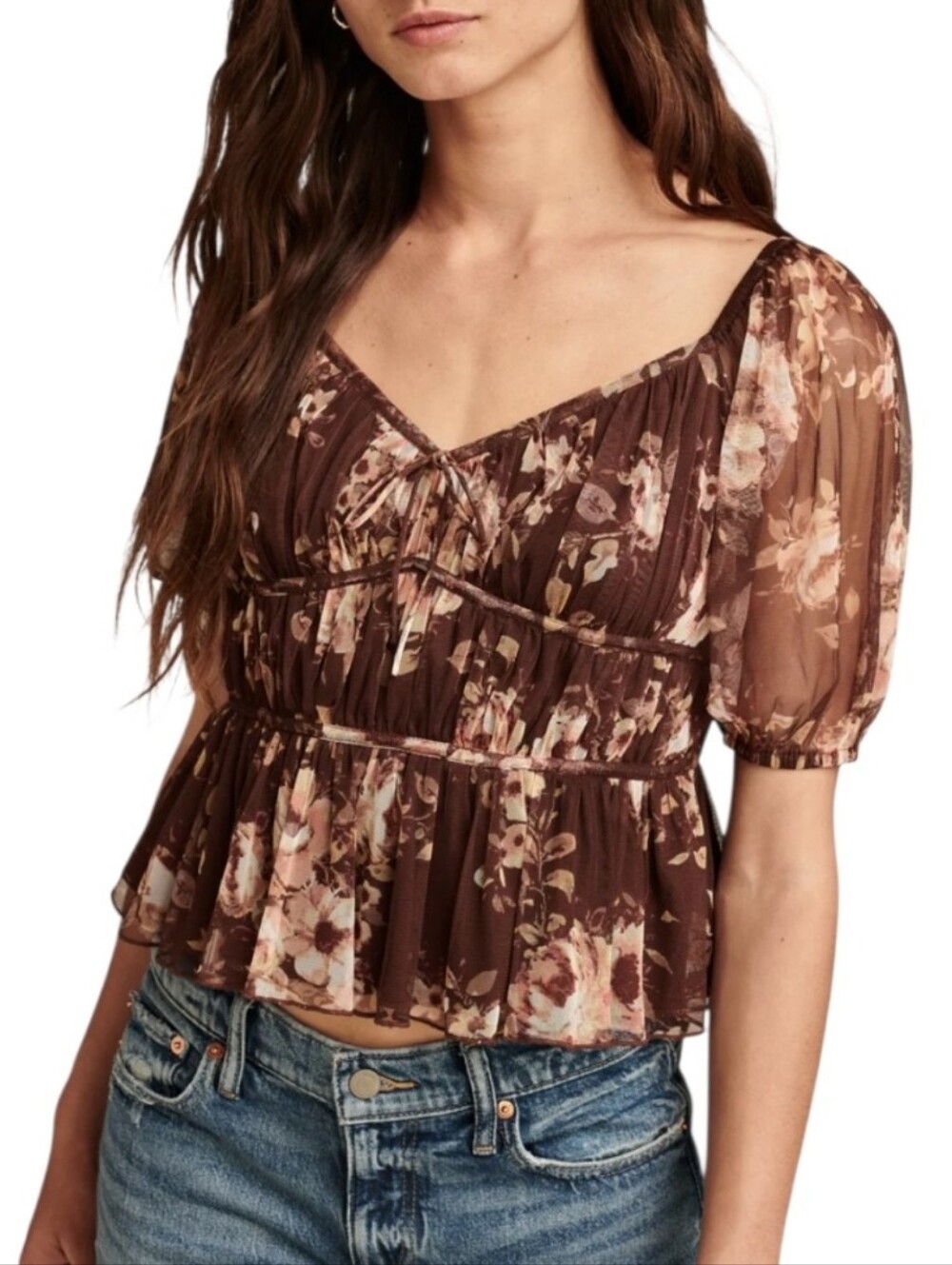 Lucky Brand Mesh Date Night Top Size L Floral‎ Babydoll Tiered Whimsigoth NEW